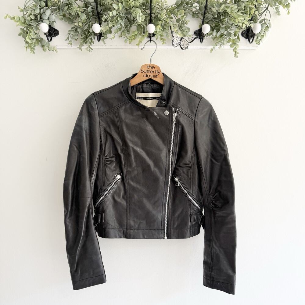 Topshop Genuine Leather Black Moto Bomber Jacket Size 8 grunge goth